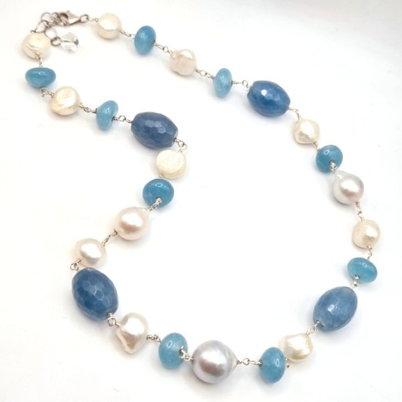 Natural Baroque Pearl and Blue Quartz Gemstone Sterling Silver Clasp Necklace - Picture 2 of 5